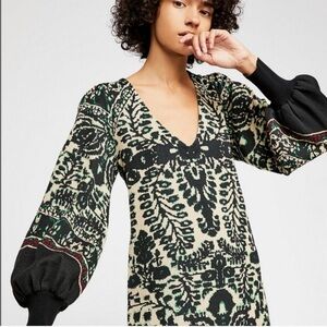 Free People Blue and Green Sheath Dress with Bishop Sleeves